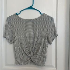 Black and White Striped Knotted Cropped T-Shirt